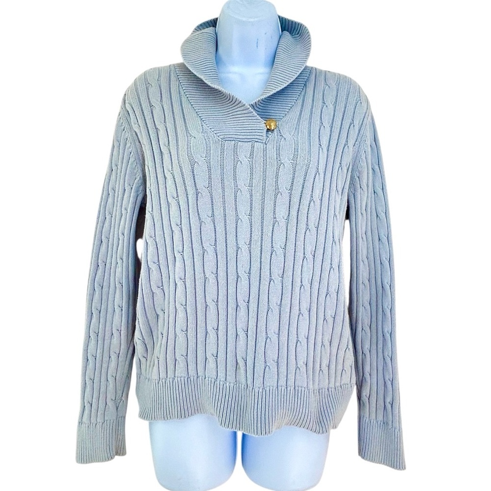 Chaps Ralph Lauren Cable Knit Shawl Collar Sweater Icy Blue Women’s Size M